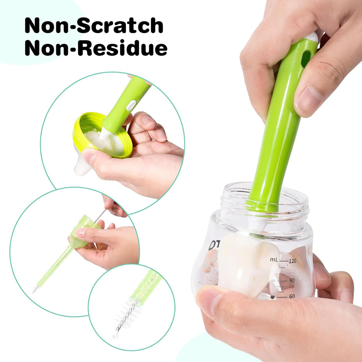 Baby Bottle Brush Set, Suction Base & Hidden Cleaner, Green
