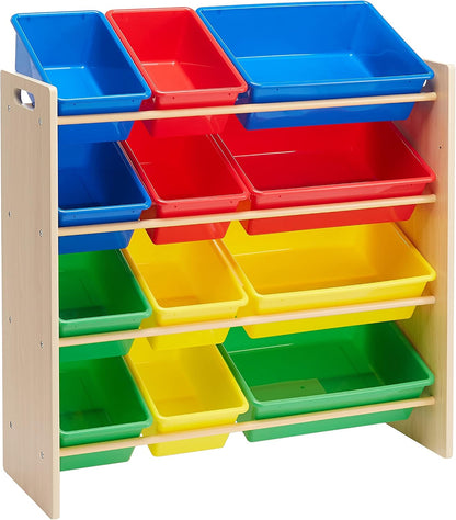 Kids Toy Storage Organizer with 12 Plastic Bins, White Wood with Pink Bins, for Bedroom and Playroom, 33.85"D x 12.79"W x 35.42"H