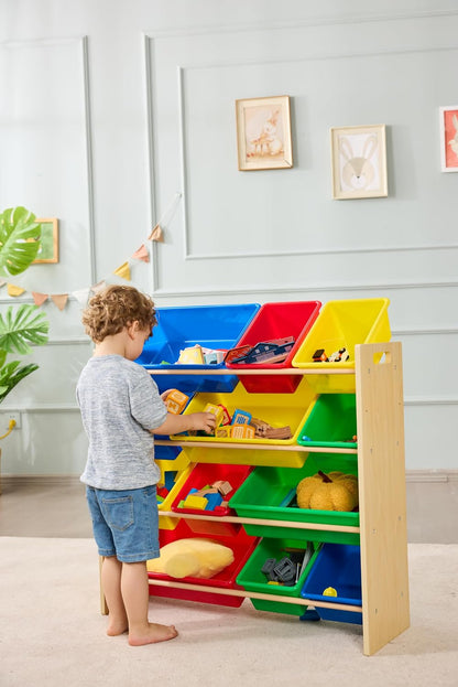 Kids Toy Storage Organizer with 12 Plastic Bins, White Wood with Pink Bins, for Bedroom and Playroom, 33.85"D x 12.79"W x 35.42"H