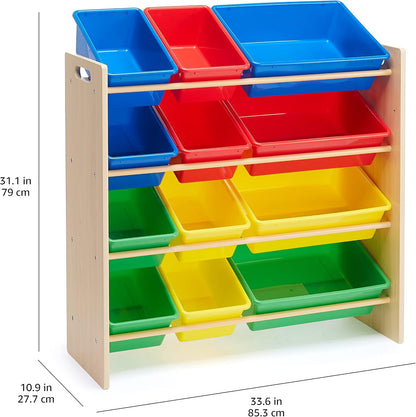 Kids Toy Storage Organizer with 12 Plastic Bins, White Wood with Pink Bins, for Bedroom and Playroom, 33.85"D x 12.79"W x 35.42"H