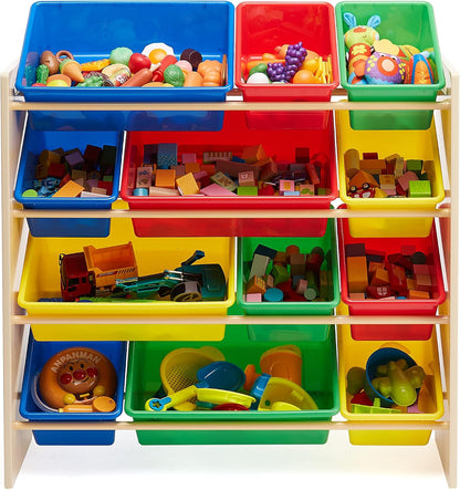 Kids Toy Storage Organizer with 12 Plastic Bins, White Wood with Pink Bins, for Bedroom and Playroom, 33.85"D x 12.79"W x 35.42"H