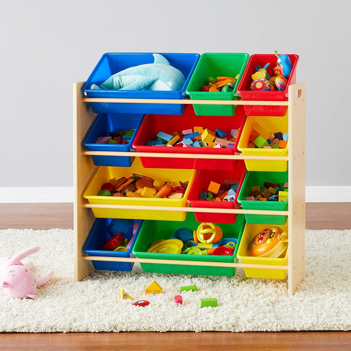 Kids Toy Storage Organizer with 12 Plastic Bins, White Wood with Pink Bins, for Bedroom and Playroom, 33.85"D x 12.79"W x 35.42"H