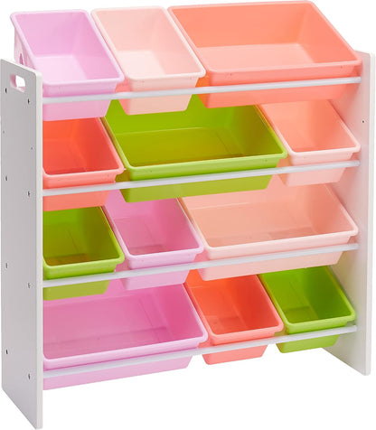 Kids Toy Storage Organizer with 12 Plastic Bins, White Wood with Pink Bins, for Bedroom and Playroom, 33.85"D x 12.79"W x 35.42"H