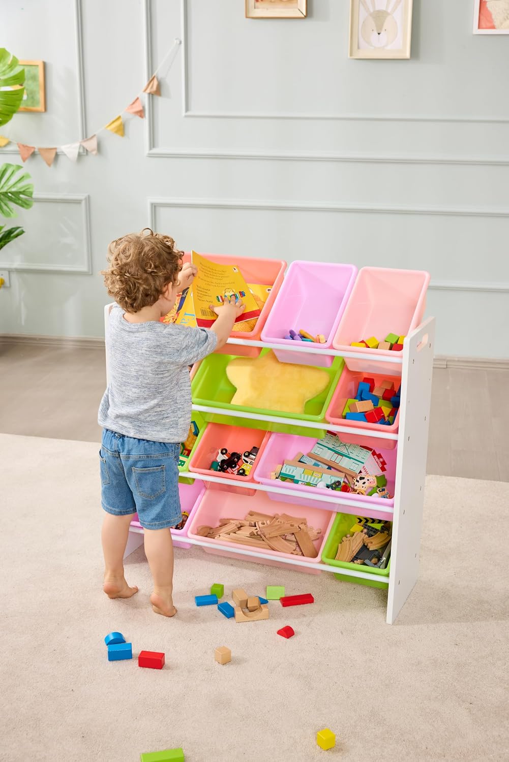 Kids Toy Storage Organizer with 12 Plastic Bins, White Wood with Pink Bins, for Bedroom and Playroom, 33.85"D x 12.79"W x 35.42"H