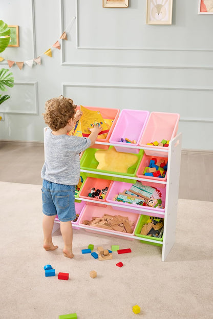 Kids Toy Storage Organizer with 12 Plastic Bins, White Wood with Pink Bins, for Bedroom and Playroom, 33.85"D x 12.79"W x 35.42"H