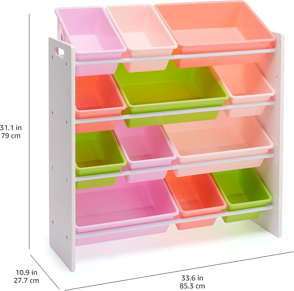 Kids Toy Storage Organizer with 12 Plastic Bins, White Wood with Pink Bins, for Bedroom and Playroom, 33.85"D x 12.79"W x 35.42"H