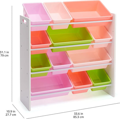 Kids Toy Storage Organizer with 12 Plastic Bins, White Wood with Pink Bins, for Bedroom and Playroom, 33.85"D x 12.79"W x 35.42"H