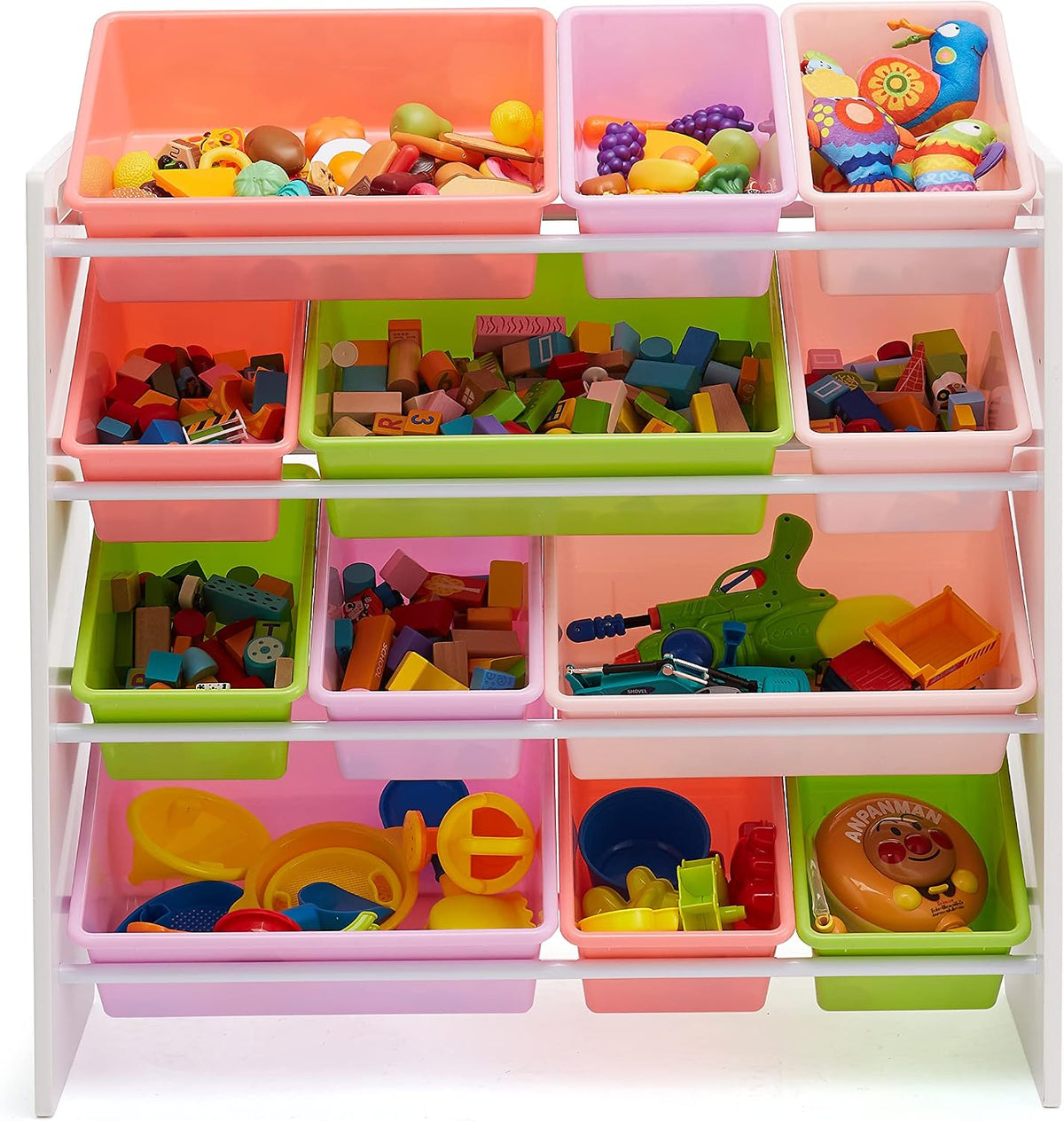 Kids Toy Storage Organizer with 12 Plastic Bins, White Wood with Pink Bins, for Bedroom and Playroom, 33.85"D x 12.79"W x 35.42"H