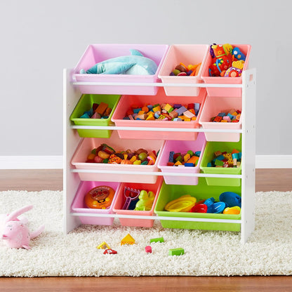 Kids Toy Storage Organizer with 12 Plastic Bins, White Wood with Pink Bins, for Bedroom and Playroom, 33.85"D x 12.79"W x 35.42"H