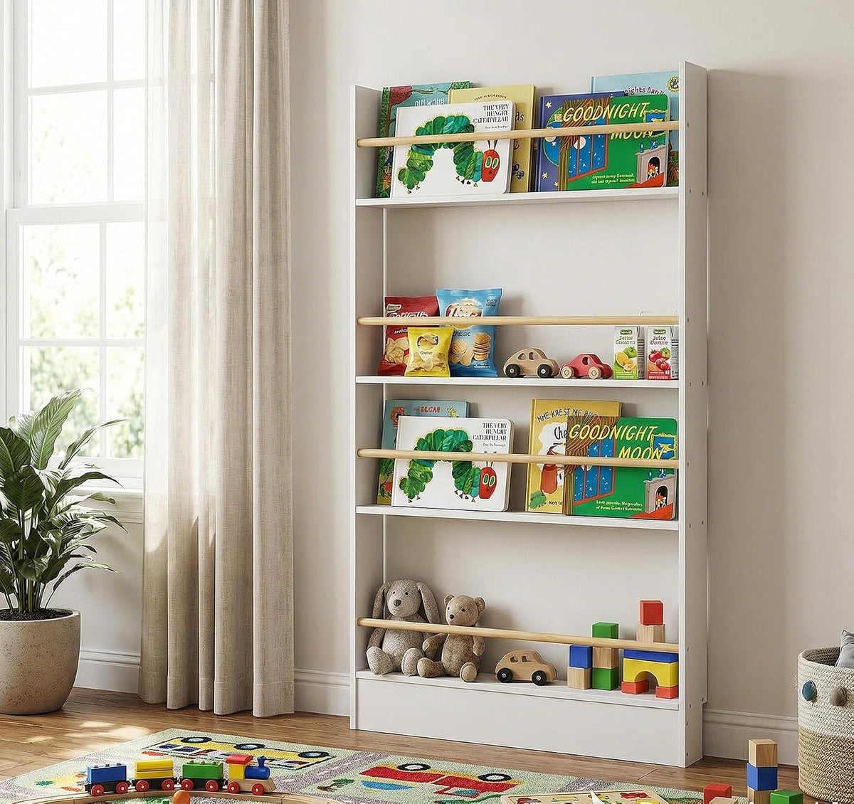 4 Tier Behind The Door Bookshelf, Space Saving Behind The Door Bookcase Wooden Kids Book Shelf for Bedroom Living Room Study White (120 * 70cm)