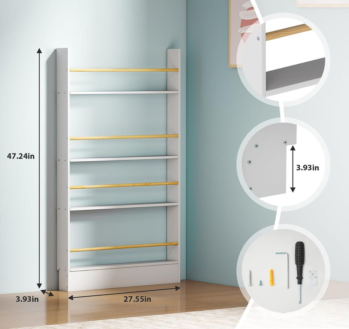 4 Tier Behind The Door Bookshelf, Space Saving Behind The Door Bookcase Wooden Kids Book Shelf for Bedroom Living Room Study White (120 * 70cm)
