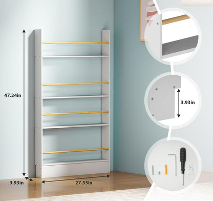 4 Tier Behind The Door Bookshelf, Space Saving Behind The Door Bookcase Wooden Kids Book Shelf for Bedroom Living Room Study White (120 * 70cm)