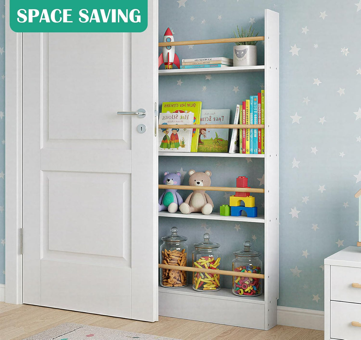 4 Tier Behind The Door Bookshelf, Space Saving Behind The Door Bookcase Wooden Kids Book Shelf for Bedroom Living Room Study White (120 * 70cm)
