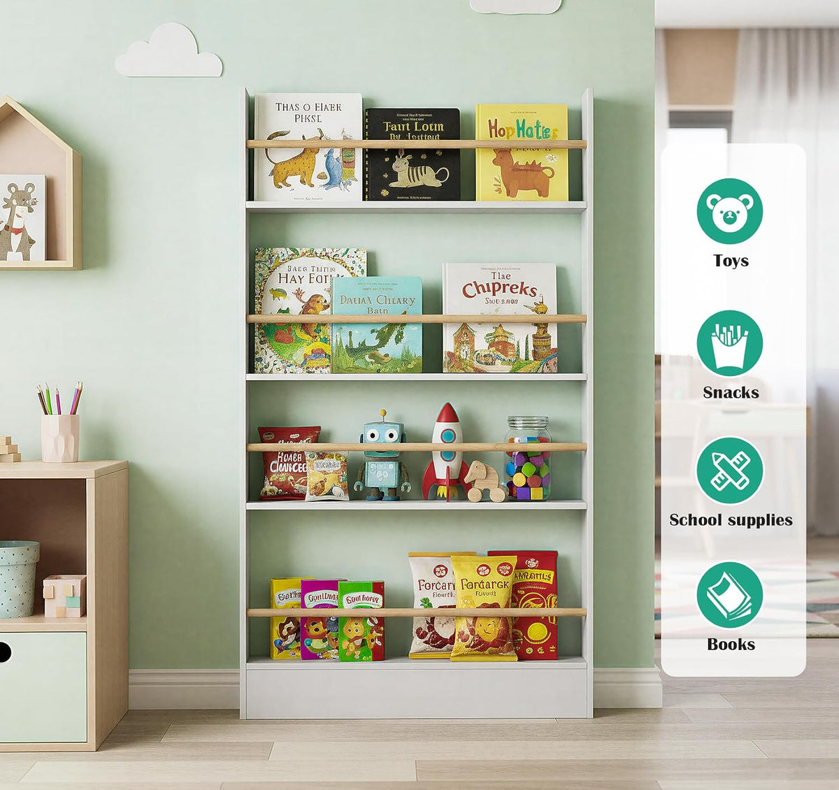 4 Tier Behind The Door Bookshelf, Space Saving Behind The Door Bookcase Wooden Kids Book Shelf for Bedroom Living Room Study White (120 * 70cm)