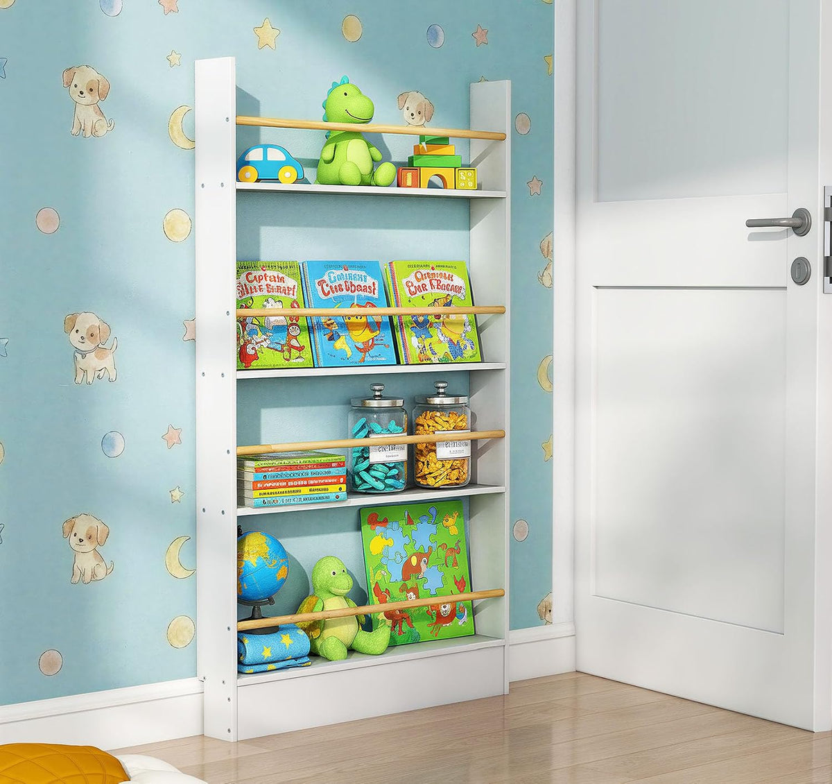 4 Tier Behind The Door Bookshelf, Space Saving Behind The Door Bookcase Wooden Kids Book Shelf for Bedroom Living Room Study White (120 * 70cm)