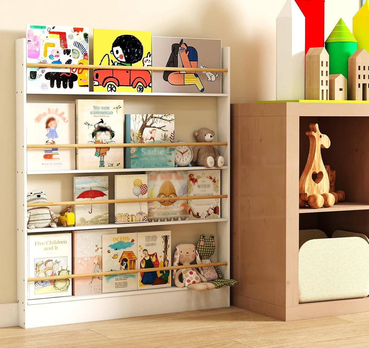 4 Tier Behind The Door Bookshelf, Space Saving Behind The Door Bookcase Wooden Kids Book Shelf for Bedroom Living Room Study White (120 * 70cm)
