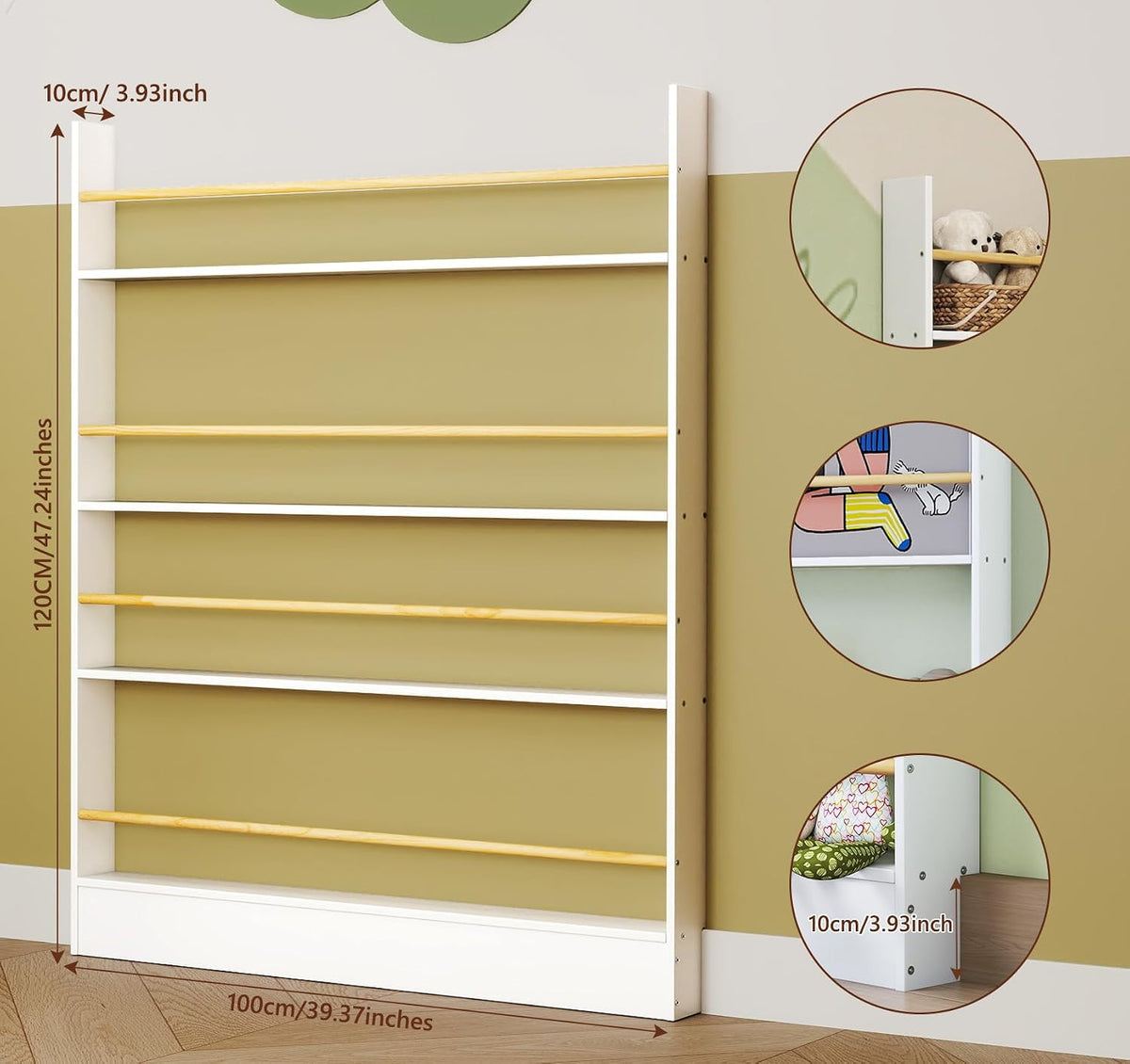 4 Tier Behind The Door Bookshelf, Space Saving Behind The Door Bookcase Wooden Kids Book Shelf for Bedroom Living Room Study White (120 * 70cm)