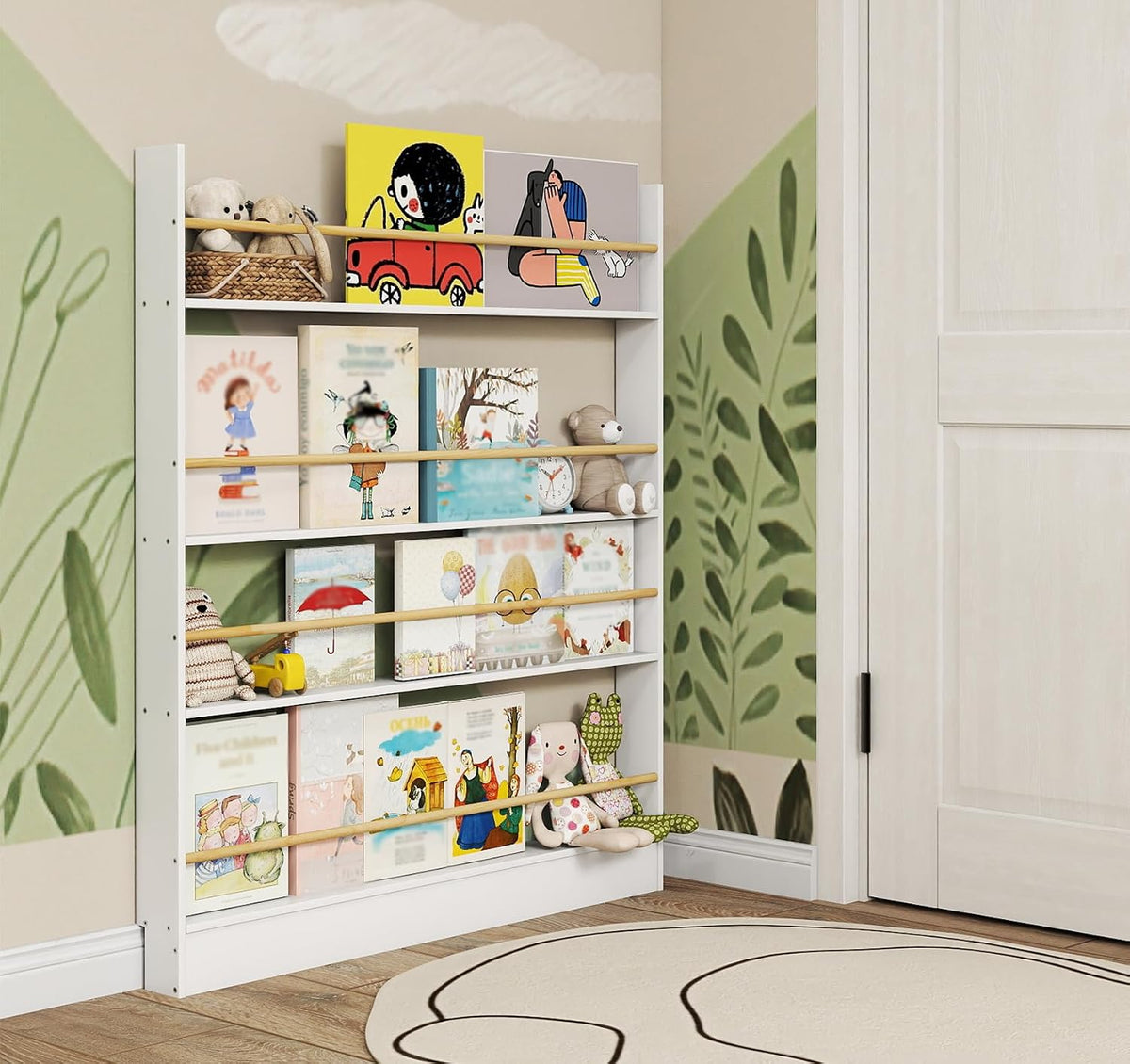 4 Tier Behind The Door Bookshelf, Space Saving Behind The Door Bookcase Wooden Kids Book Shelf for Bedroom Living Room Study White (120 * 70cm)