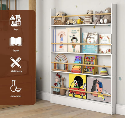 4 Tier Behind The Door Bookshelf, Space Saving Behind The Door Bookcase Wooden Kids Book Shelf for Bedroom Living Room Study White (120 * 70cm)