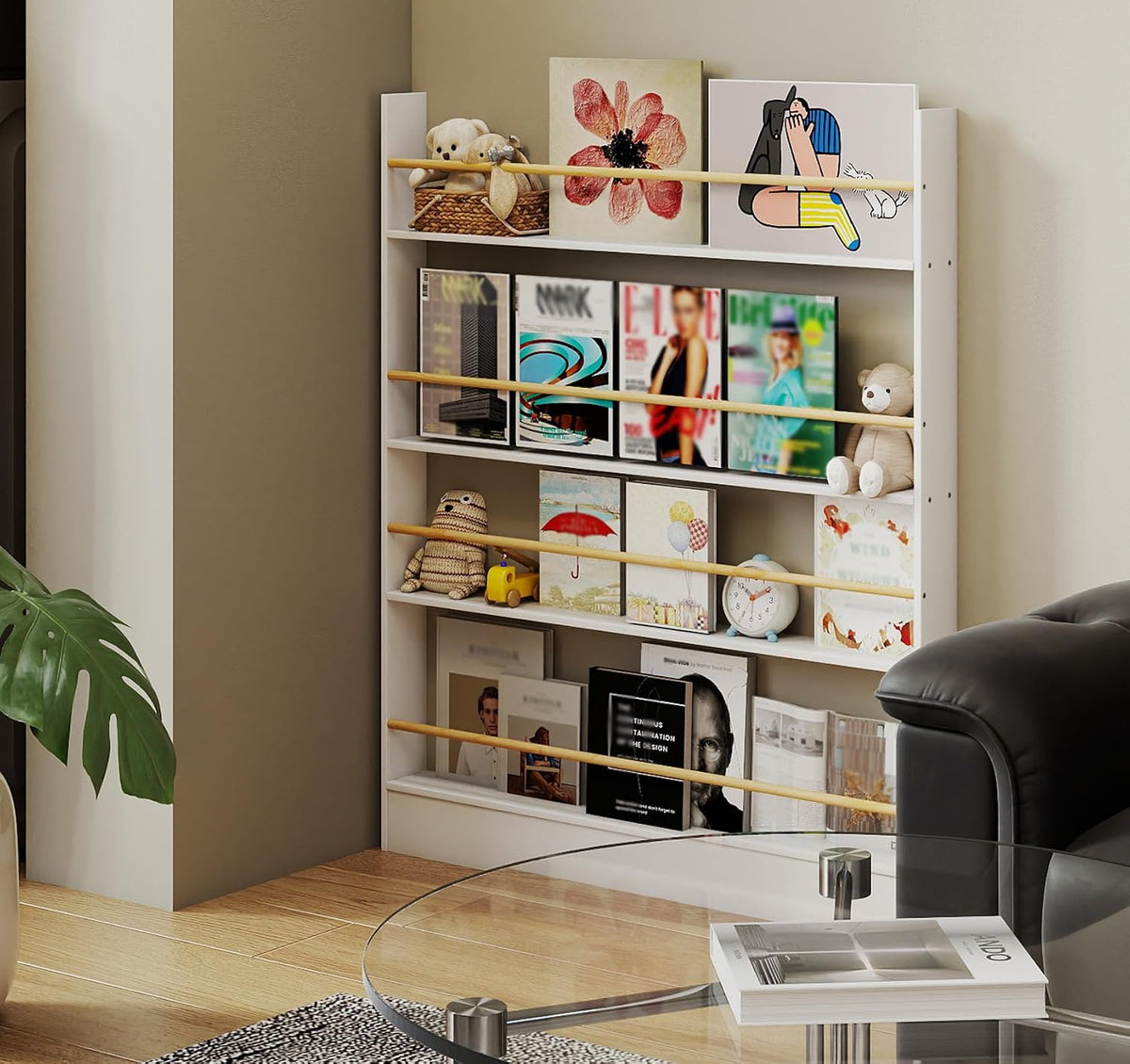 4 Tier Behind The Door Bookshelf, Space Saving Behind The Door Bookcase Wooden Kids Book Shelf for Bedroom Living Room Study White (120 * 70cm)