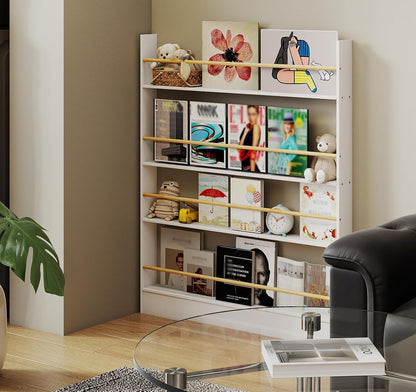 4 Tier Behind The Door Bookshelf, Space Saving Behind The Door Bookcase Wooden Kids Book Shelf for Bedroom Living Room Study White (120 * 70cm)