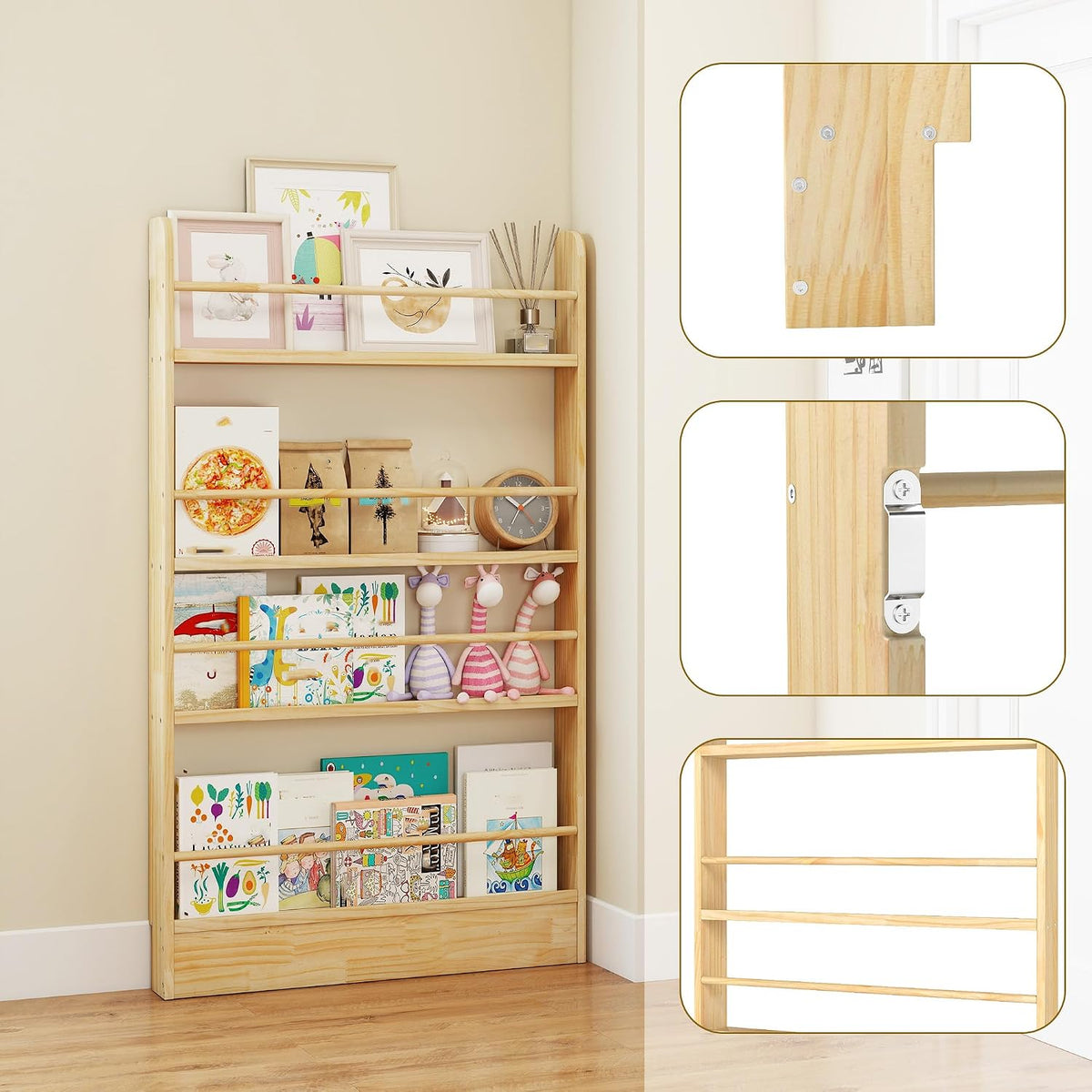 4 Tier Behind The Door Bookshelf, Space Saving Behind The Door Bookcase Wooden Kids Book Shelf for Bedroom Living Room Study White (120 * 70cm)
