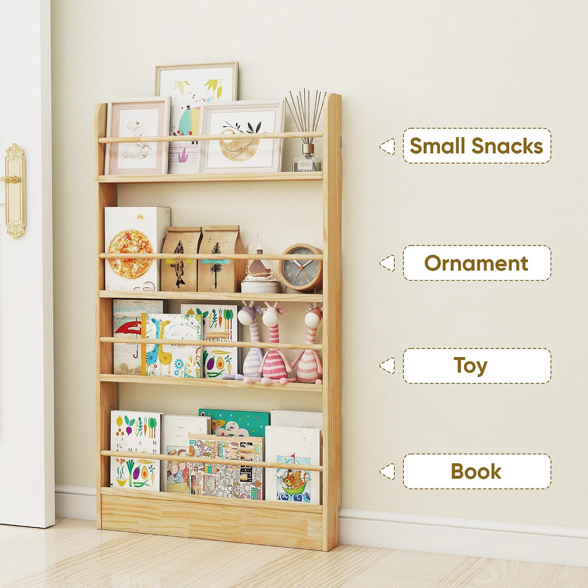 4 Tier Behind The Door Bookshelf, Space Saving Behind The Door Bookcase Wooden Kids Book Shelf for Bedroom Living Room Study White (120 * 70cm)