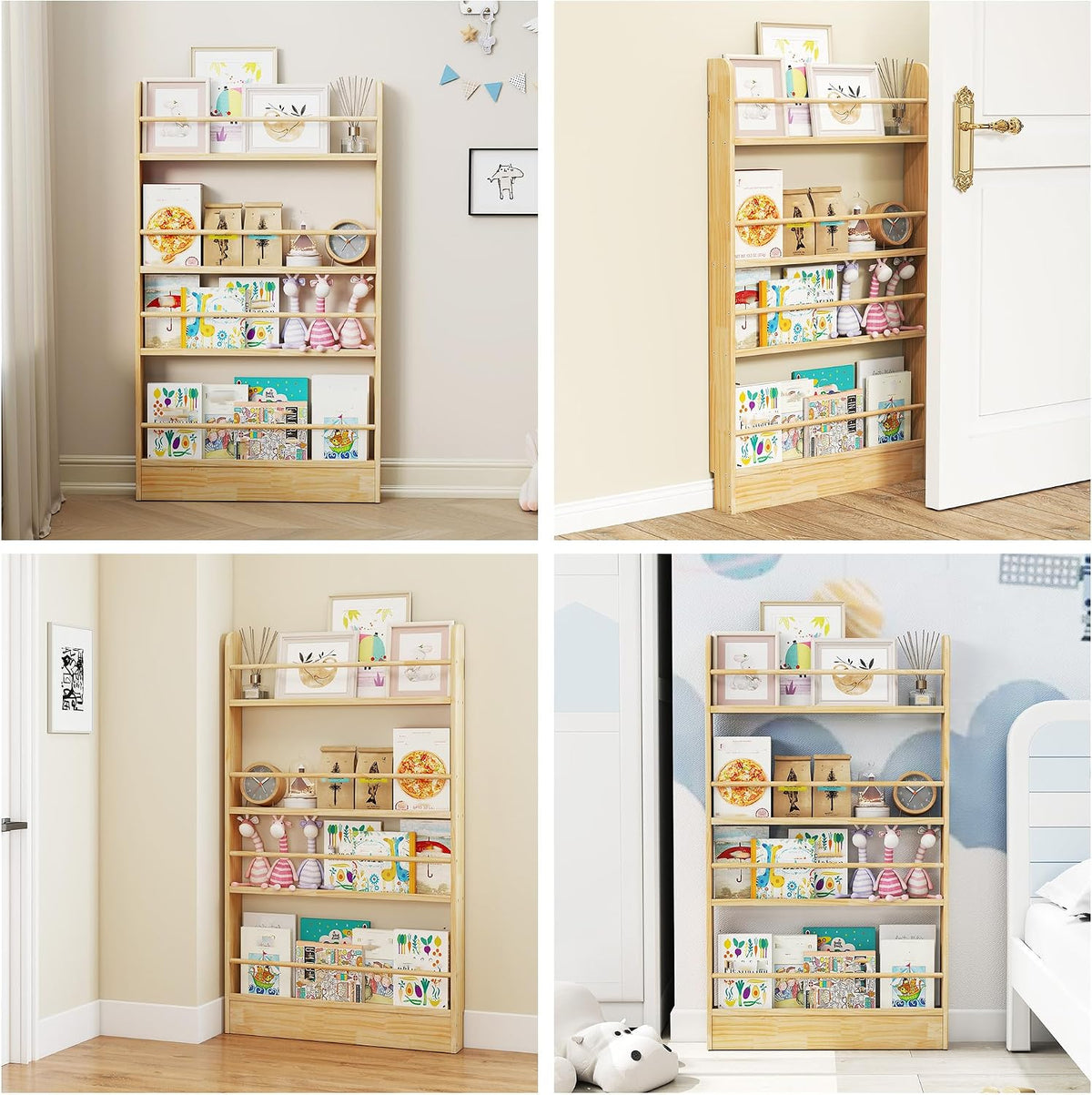 4 Tier Behind The Door Bookshelf, Space Saving Behind The Door Bookcase Wooden Kids Book Shelf for Bedroom Living Room Study White (120 * 70cm)