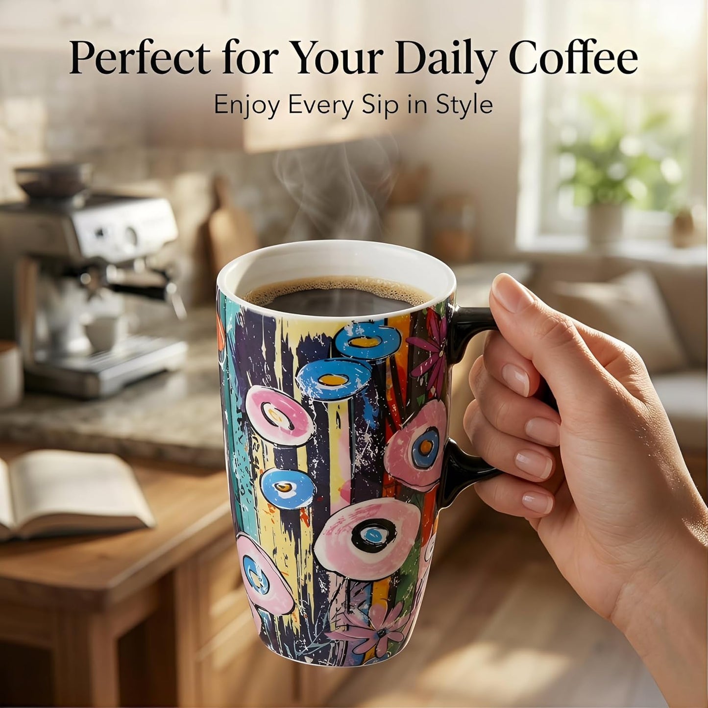 17oz Ceramic Travel Mug with Lid, Abstract Art Coffee Mug | Large Ceramic Coffee Mug • Travel Coffee Tumbler • Abstract Art Artwork • Microwave & Dishwasher Safe