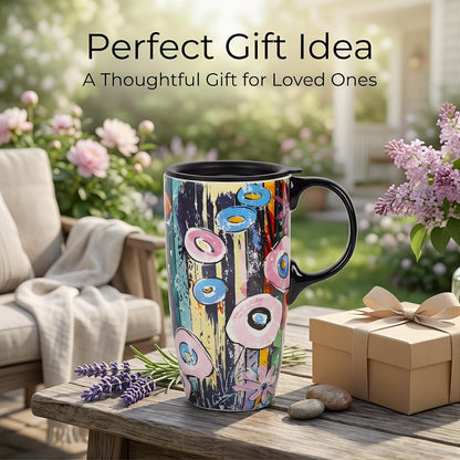 17oz Ceramic Travel Mug with Lid, Abstract Art Coffee Mug | Large Ceramic Coffee Mug • Travel Coffee Tumbler • Abstract Art Artwork • Microwave & Dishwasher Safe