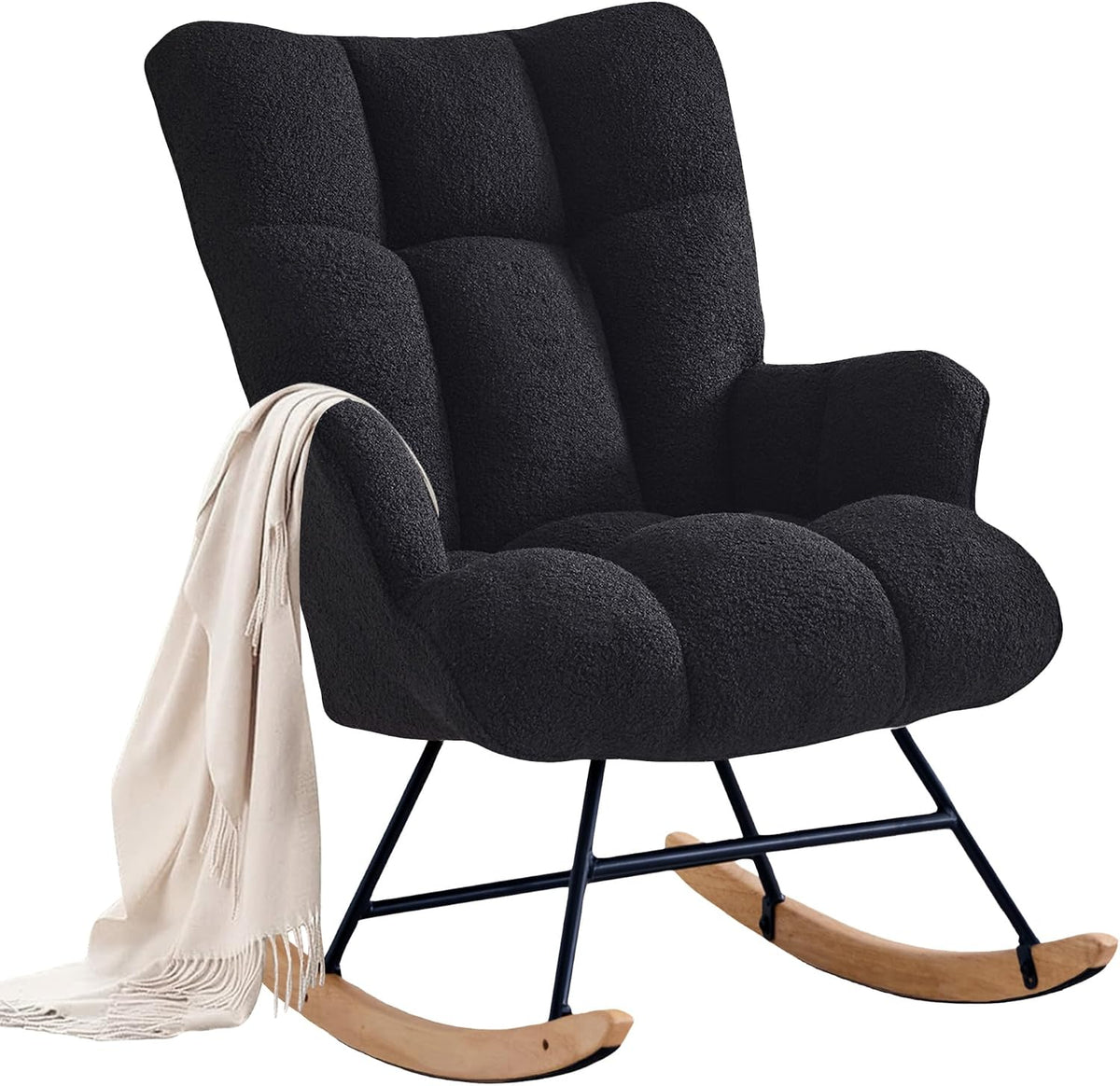 Rocking Chair Nursery Teddy Upholstered Glider Rocker Rocking Accent Chair Padded Seat with High Backrest Armchair Comfy Side Chair for Living Room Bedroom Offices (Black Teddy)
