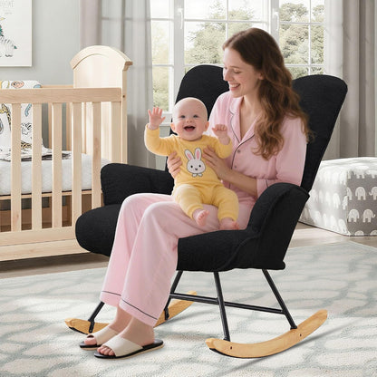 Rocking Chair Nursery Teddy Upholstered Glider Rocker Rocking Accent Chair Padded Seat with High Backrest Armchair Comfy Side Chair for Living Room Bedroom Offices (Black Teddy)