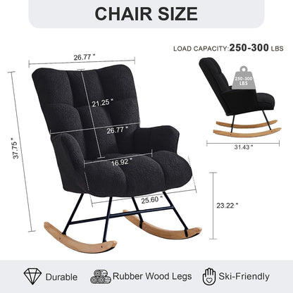 Rocking Chair Nursery Teddy Upholstered Glider Rocker Rocking Accent Chair Padded Seat with High Backrest Armchair Comfy Side Chair for Living Room Bedroom Offices (Black Teddy)