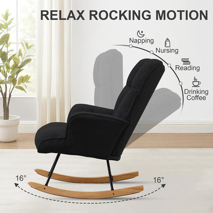 Rocking Chair Nursery Teddy Upholstered Glider Rocker Rocking Accent Chair Padded Seat with High Backrest Armchair Comfy Side Chair for Living Room Bedroom Offices (Black Teddy)