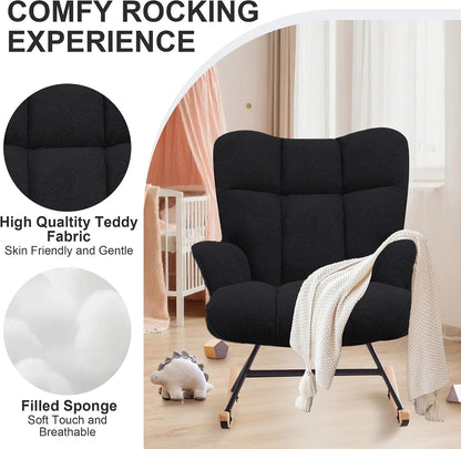 Rocking Chair Nursery Teddy Upholstered Glider Rocker Rocking Accent Chair Padded Seat with High Backrest Armchair Comfy Side Chair for Living Room Bedroom Offices (Black Teddy)
