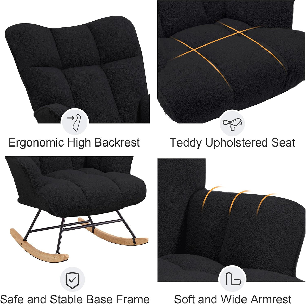 Rocking Chair Nursery Teddy Upholstered Glider Rocker Rocking Accent Chair Padded Seat with High Backrest Armchair Comfy Side Chair for Living Room Bedroom Offices (Black Teddy)