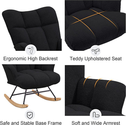 Rocking Chair Nursery Teddy Upholstered Glider Rocker Rocking Accent Chair Padded Seat with High Backrest Armchair Comfy Side Chair for Living Room Bedroom Offices (Black Teddy)