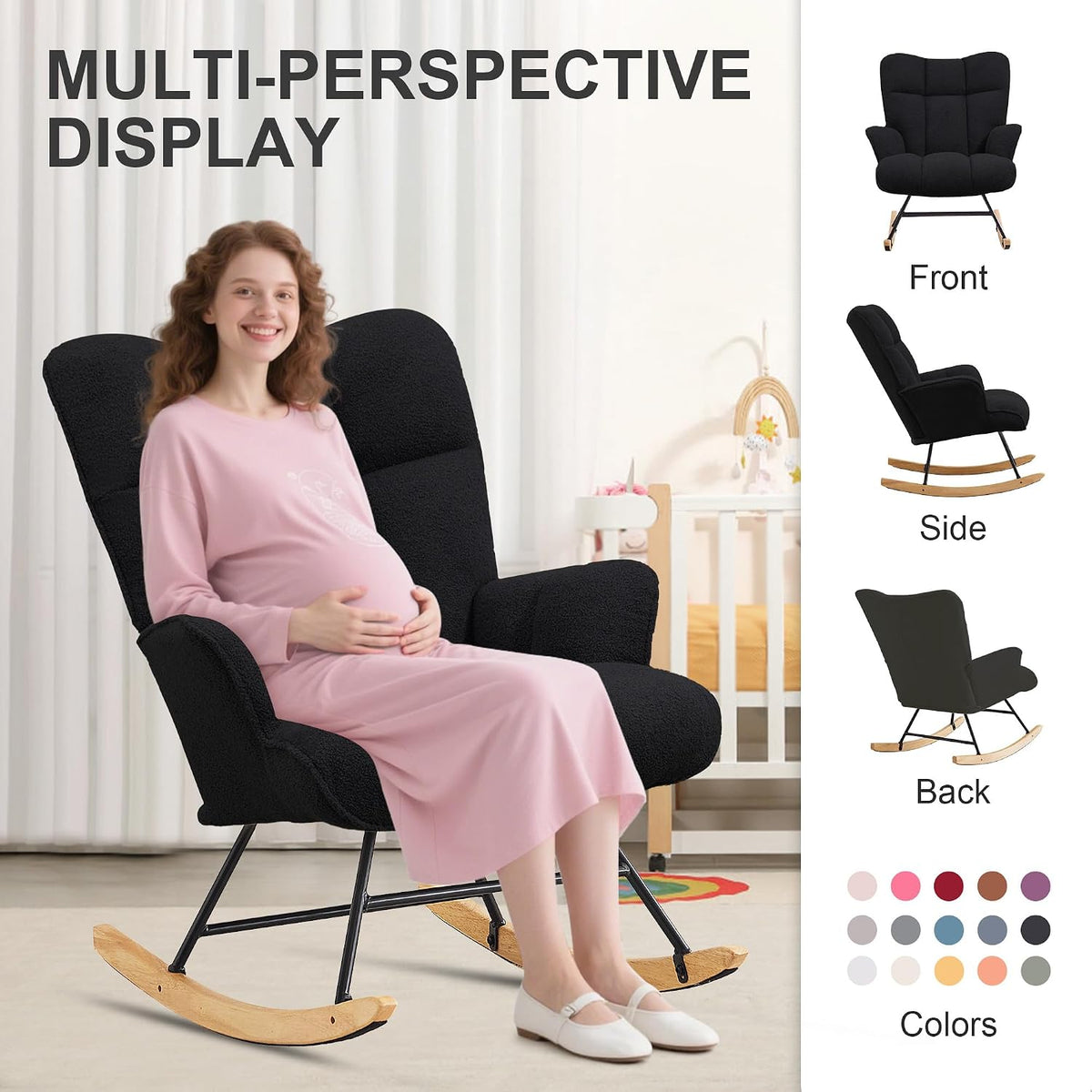 Rocking Chair Nursery Teddy Upholstered Glider Rocker Rocking Accent Chair Padded Seat with High Backrest Armchair Comfy Side Chair for Living Room Bedroom Offices (Black Teddy)
