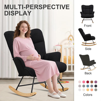 Rocking Chair Nursery Teddy Upholstered Glider Rocker Rocking Accent Chair Padded Seat with High Backrest Armchair Comfy Side Chair for Living Room Bedroom Offices (Black Teddy)