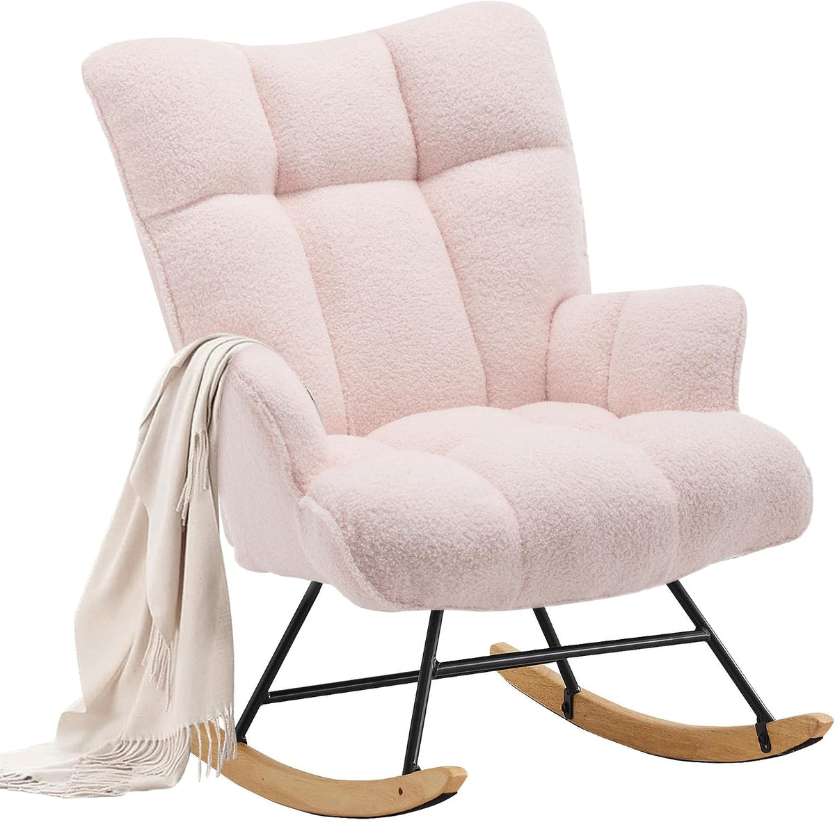 Rocking Chair Nursery Teddy Upholstered Glider Rocker Rocking Accent Chair Padded Seat with High Backrest Armchair Comfy Side Chair for Living Room Bedroom Offices (Black Teddy)