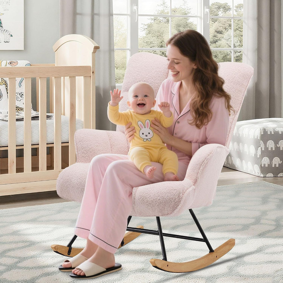 Rocking Chair Nursery Teddy Upholstered Glider Rocker Rocking Accent Chair Padded Seat with High Backrest Armchair Comfy Side Chair for Living Room Bedroom Offices (Black Teddy)