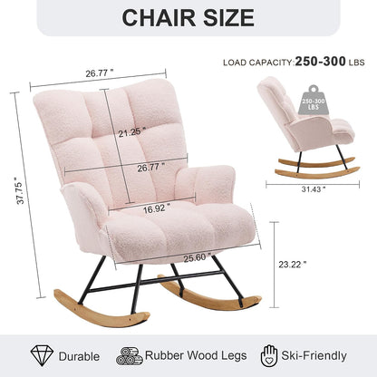 Rocking Chair Nursery Teddy Upholstered Glider Rocker Rocking Accent Chair Padded Seat with High Backrest Armchair Comfy Side Chair for Living Room Bedroom Offices (Black Teddy)