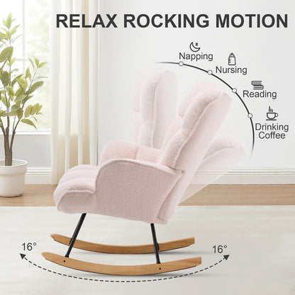 Rocking Chair Nursery Teddy Upholstered Glider Rocker Rocking Accent Chair Padded Seat with High Backrest Armchair Comfy Side Chair for Living Room Bedroom Offices (Black Teddy)