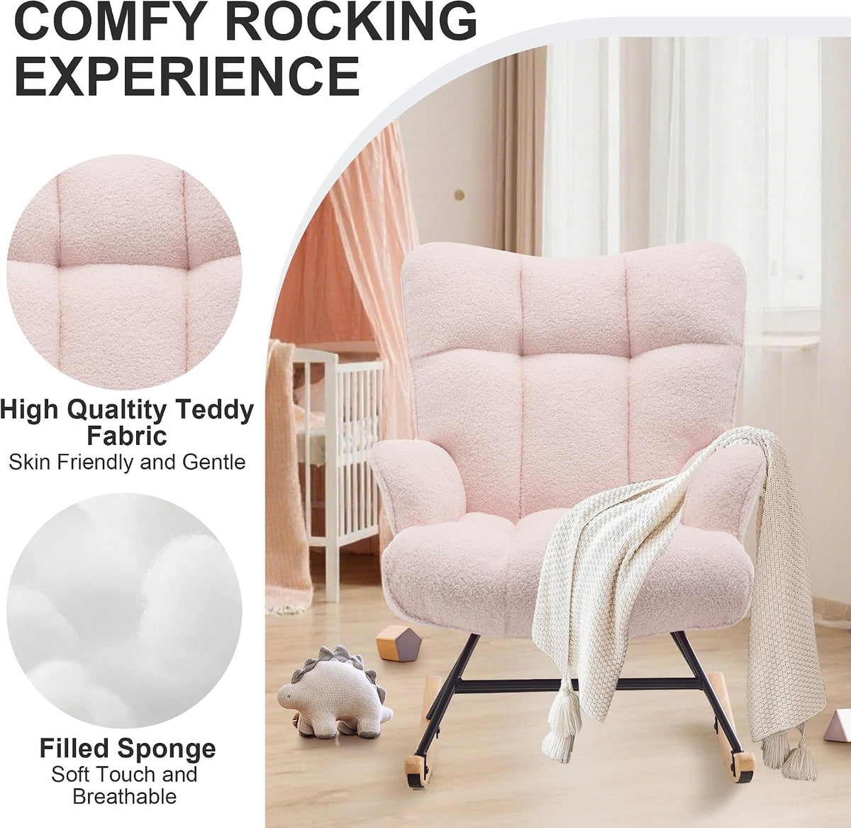 Rocking Chair Nursery Teddy Upholstered Glider Rocker Rocking Accent Chair Padded Seat with High Backrest Armchair Comfy Side Chair for Living Room Bedroom Offices (Black Teddy)