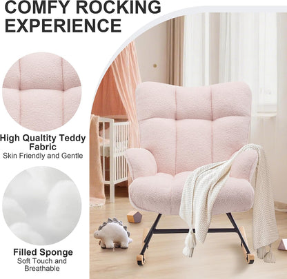 Rocking Chair Nursery Teddy Upholstered Glider Rocker Rocking Accent Chair Padded Seat with High Backrest Armchair Comfy Side Chair for Living Room Bedroom Offices (Black Teddy)