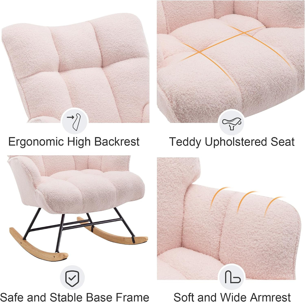 Rocking Chair Nursery Teddy Upholstered Glider Rocker Rocking Accent Chair Padded Seat with High Backrest Armchair Comfy Side Chair for Living Room Bedroom Offices (Black Teddy)