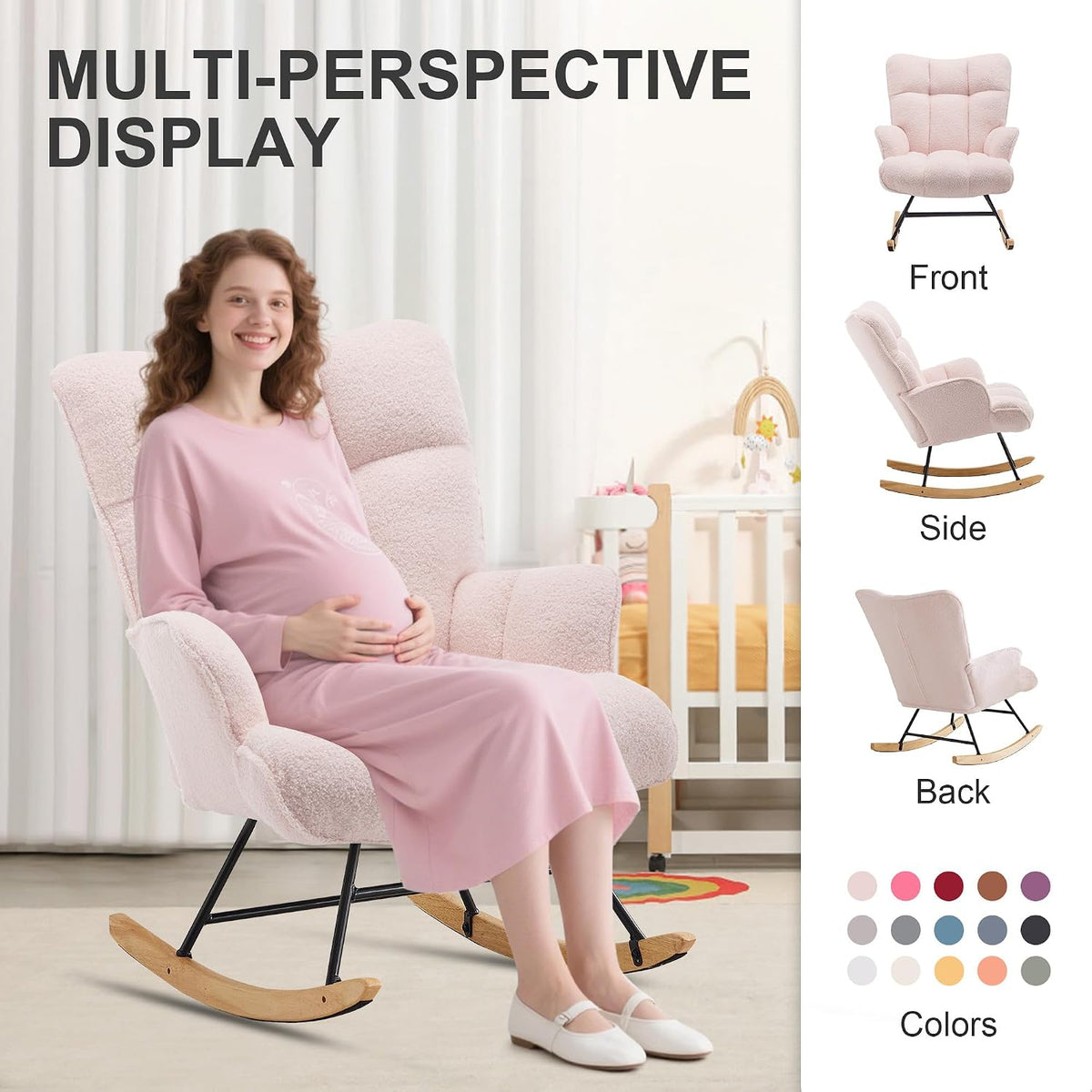Rocking Chair Nursery Teddy Upholstered Glider Rocker Rocking Accent Chair Padded Seat with High Backrest Armchair Comfy Side Chair for Living Room Bedroom Offices (Black Teddy)
