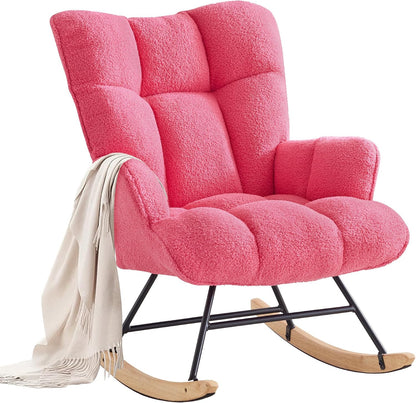 Rocking Chair Nursery Teddy Upholstered Glider Rocker Rocking Accent Chair Padded Seat with High Backrest Armchair Comfy Side Chair for Living Room Bedroom Offices (Black Teddy)