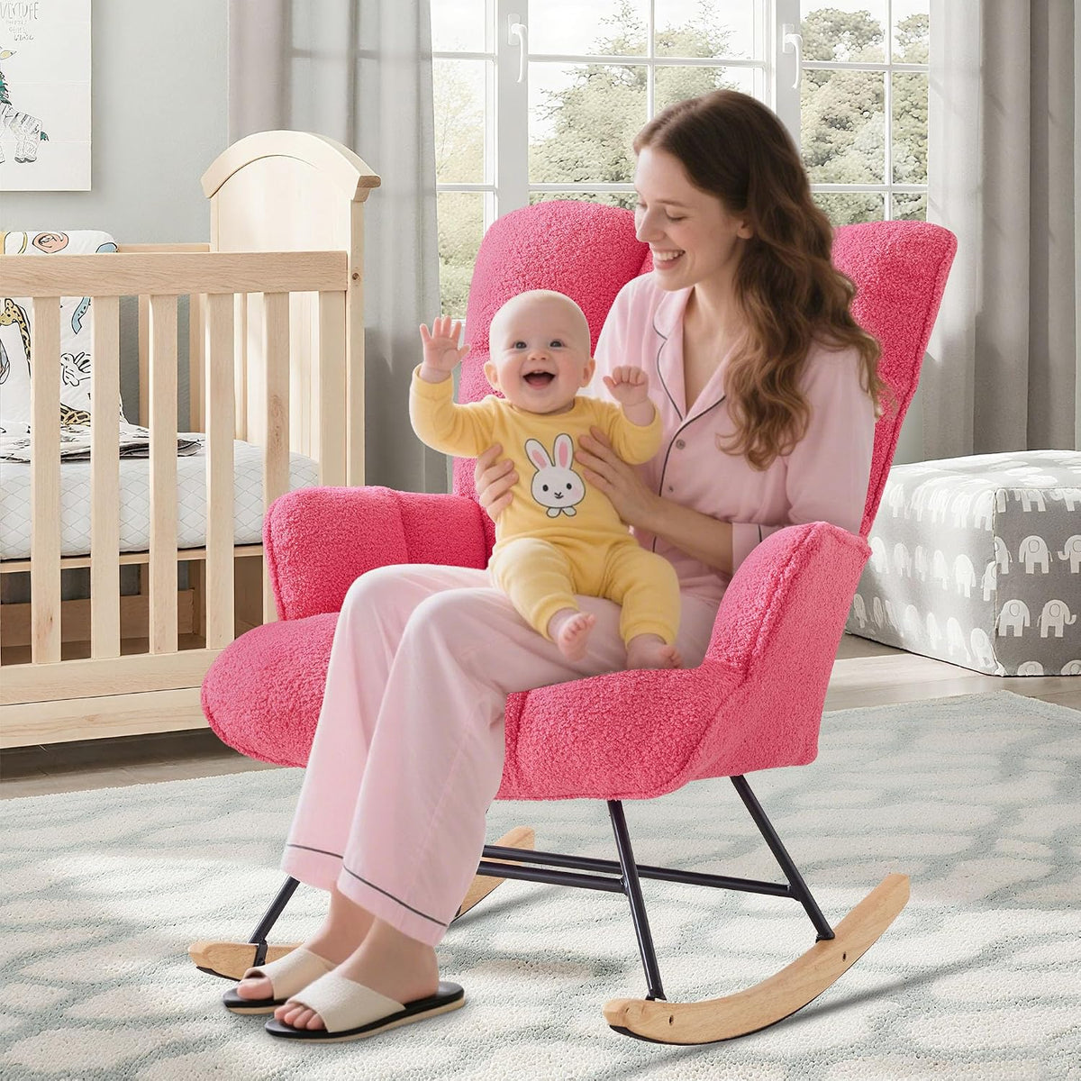 Rocking Chair Nursery Teddy Upholstered Glider Rocker Rocking Accent Chair Padded Seat with High Backrest Armchair Comfy Side Chair for Living Room Bedroom Offices (Black Teddy)