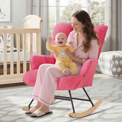 Rocking Chair Nursery Teddy Upholstered Glider Rocker Rocking Accent Chair Padded Seat with High Backrest Armchair Comfy Side Chair for Living Room Bedroom Offices (Black Teddy)